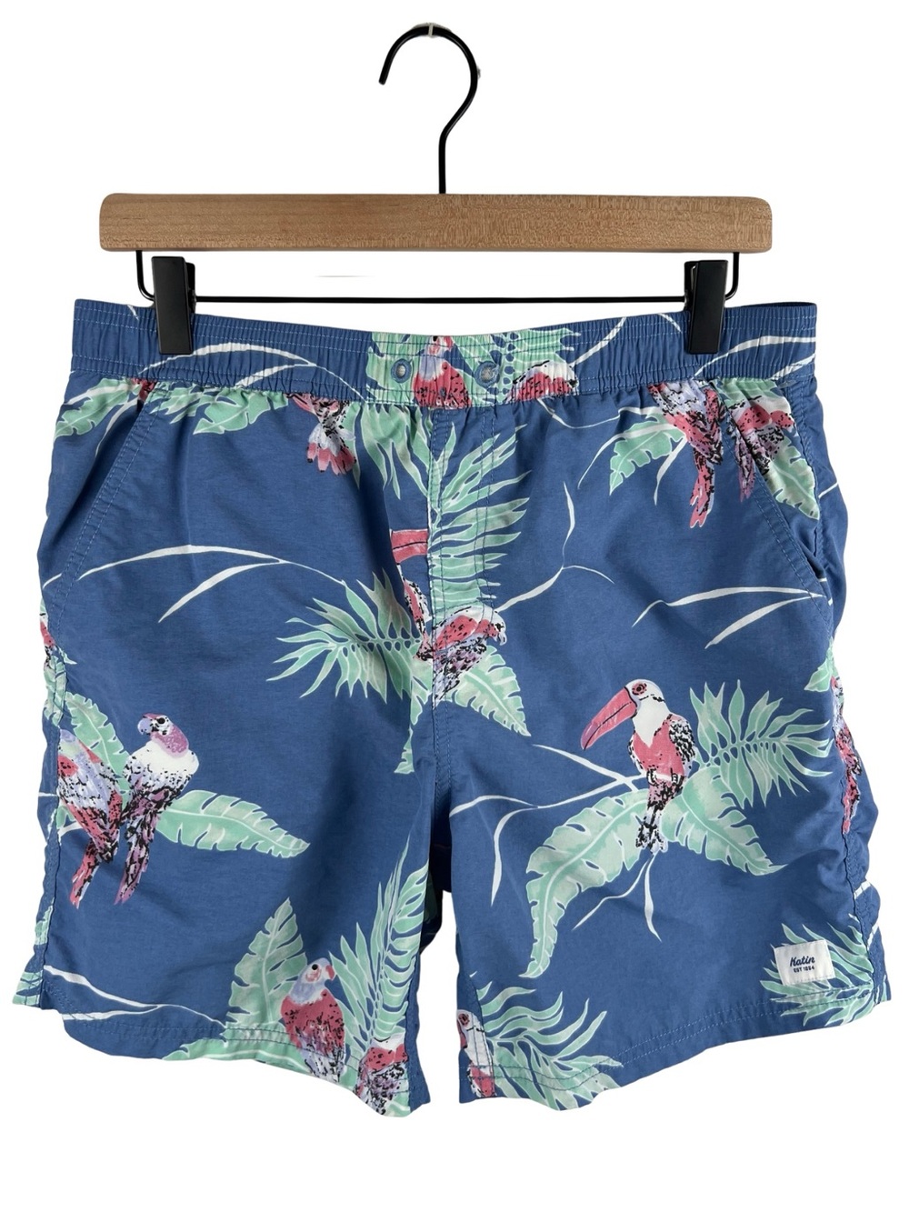 Katin Tropical Parrot Swim Trunks Men’s Medium Blue Mesh Lined Hawaiian
